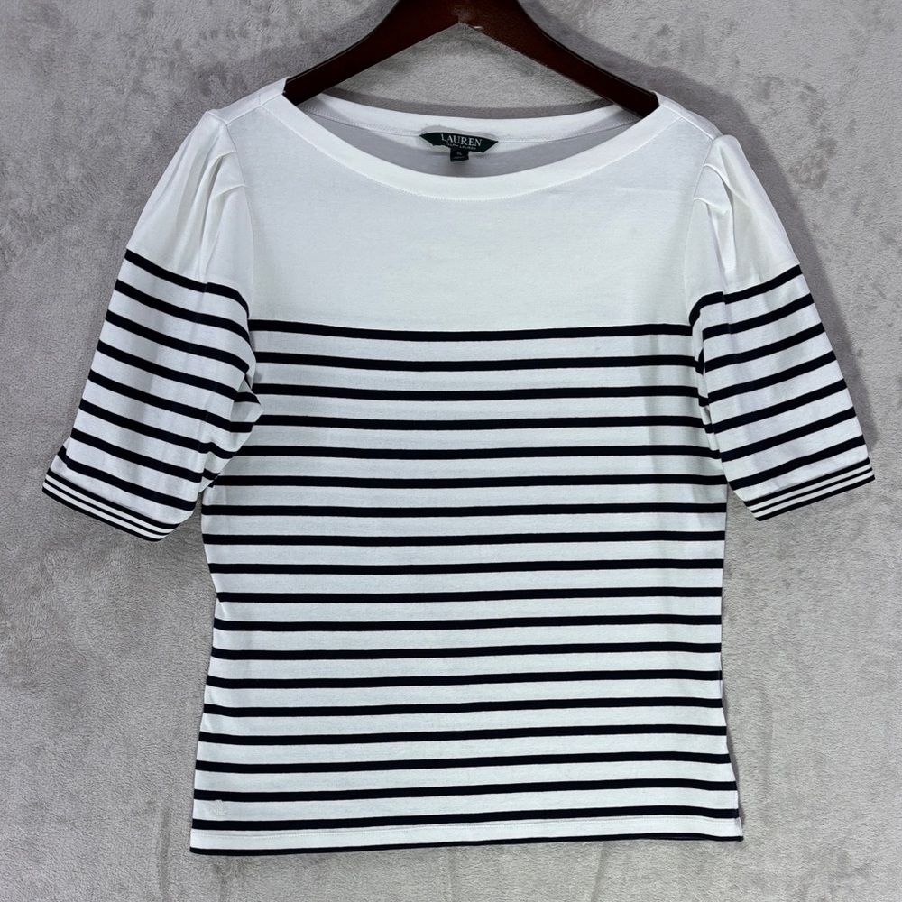 Lauren Ralph Lauren White and Black Striped Puffed Short Sleeve Top Size XL
